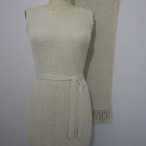 S 1960s Pinup Wiggle Bodycon Dress w Fringe Scarf Linen Champagne Metallic